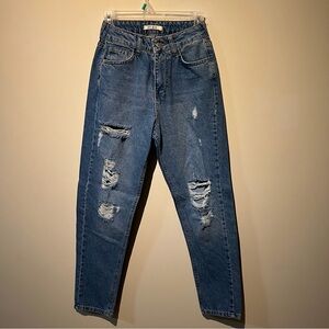 High waisted distressed jeans
